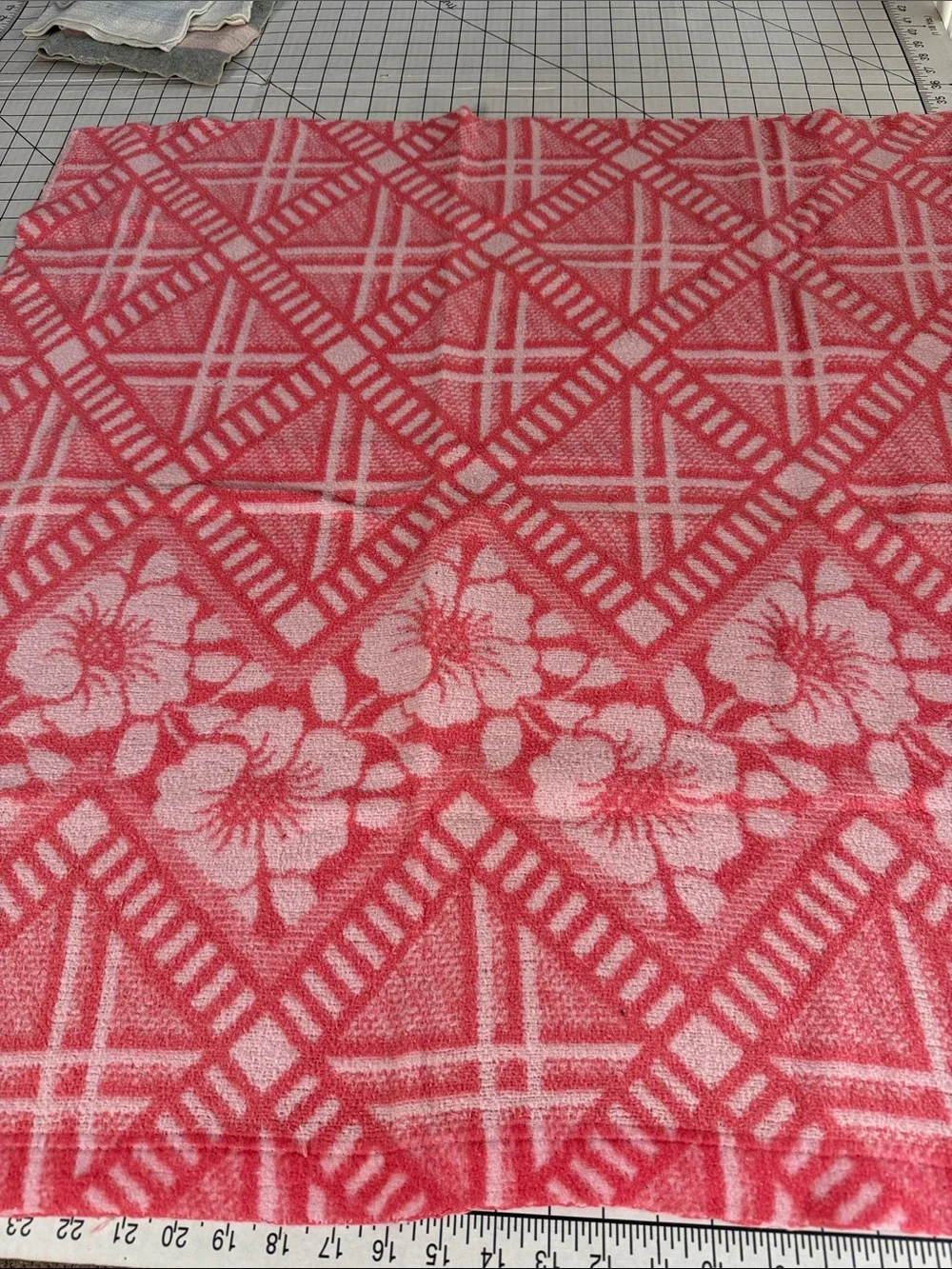 Vintage Wool Blend Blanket & Towel Cutter Quilt Textile Lot Rabbit Pink Floral